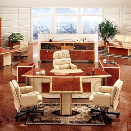 مكتب كلاسيك خشب طبيعي مع وحدة جانبية وترابيزة استقبال